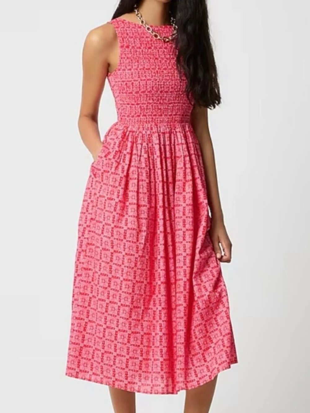 J Crew Smocked Boatneck Midi Dress Cerise Lotus Bloom 2025 CK672 Pockets Flowy M